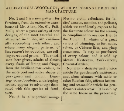 Text " Allegorical Wood-Cut, with Patterns of British Manufacture" Ackermann's December 1813
